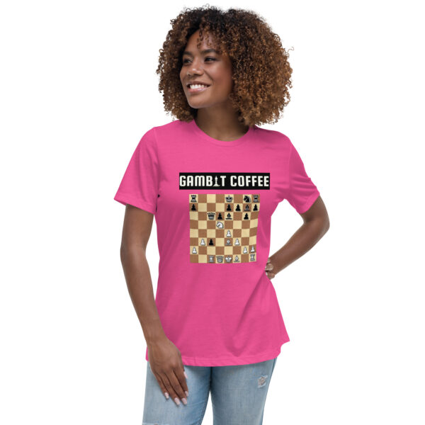 Woman wearing a berry Gambit Coffee chess puzzle T-Shirt.