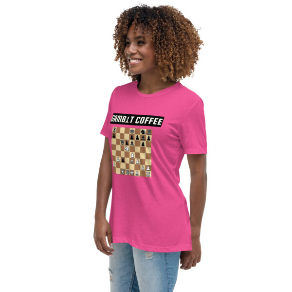 Woman wearing a berry Gambit Coffee chess puzzle T-Shirt.