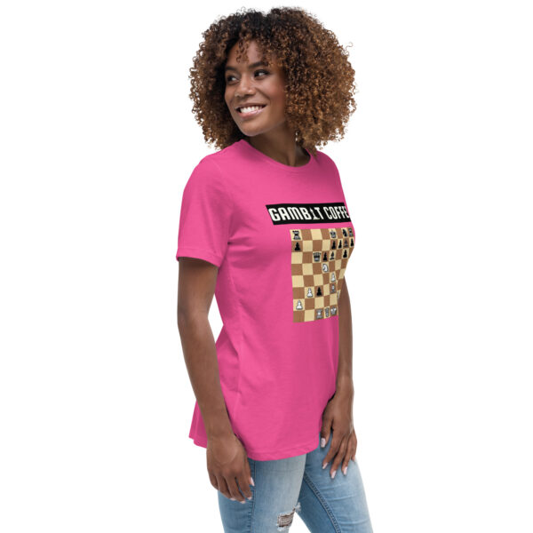 Woman wearing a berry Gambit Coffee chess puzzle T-Shirt.