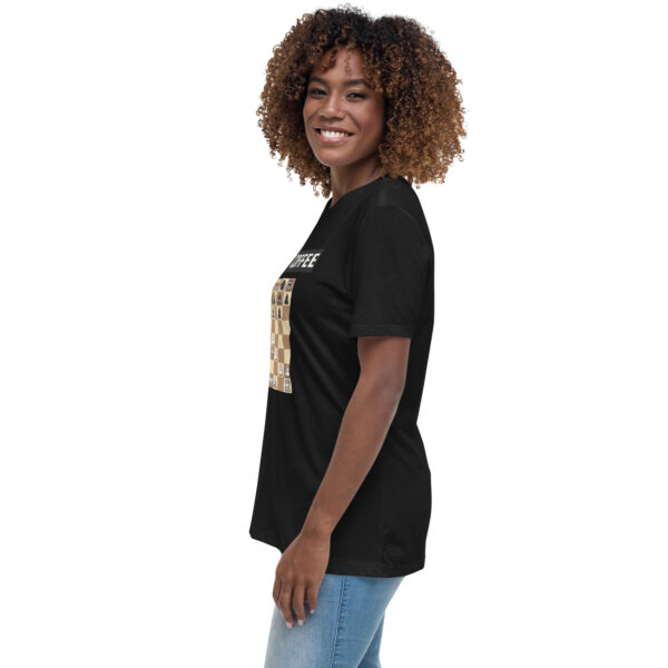 Woman wearing a black Gambit Coffee chess puzzle T-Shirt.