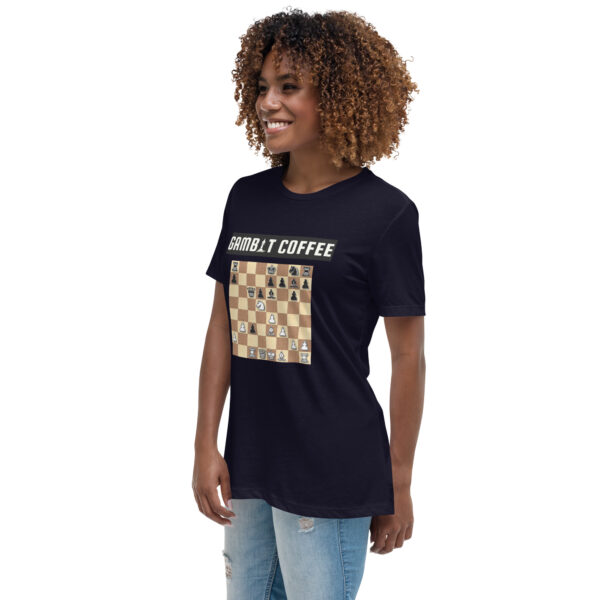 Woman wearing a black Gambit Coffee chess puzzle T-Shirt.