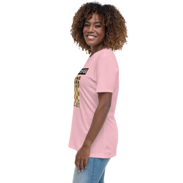 Woman wearing a pink Gambit Coffee chess puzzle T-Shirt.