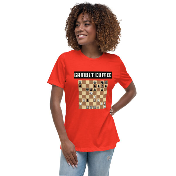 Woman wearing a Gambit Coffee chess puzzle T-Shirt.