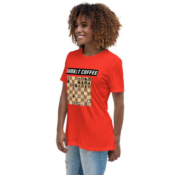 Woman wearing a Gambit Coffee chess puzzle T-Shirt.