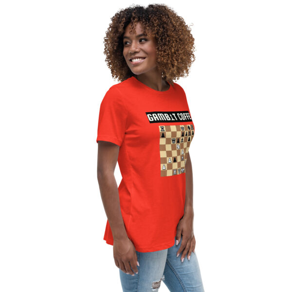 Woman wearing a Gambit Coffee chess puzzle T-Shirt.