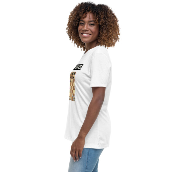 Woman wearing a white Gambit Coffee chess puzzle T-Shirt.